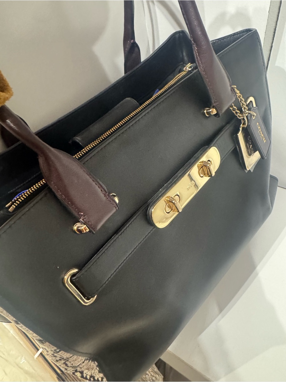 Coach Black and Dark Brown Leather Shoulder Bag with Gold Hardware - Picture 6 of 9